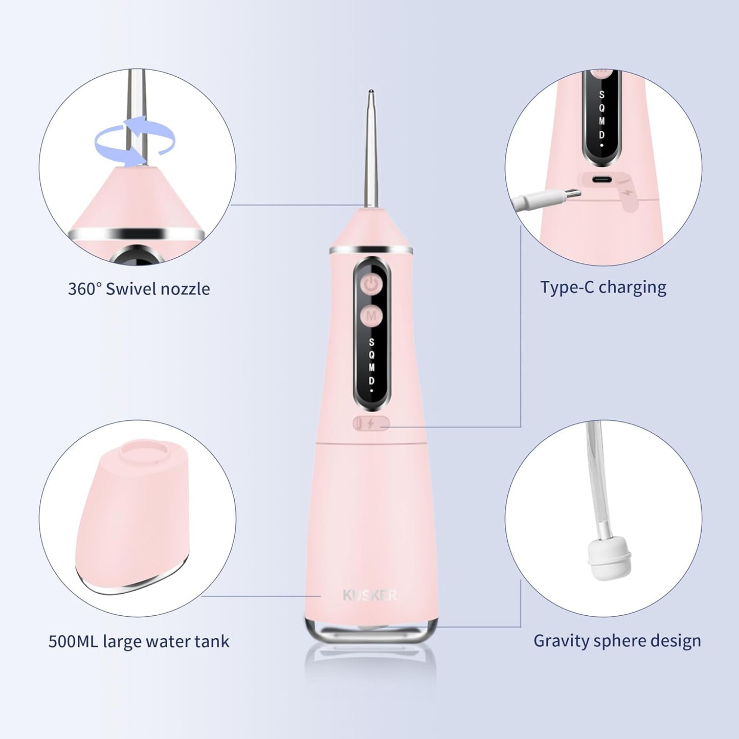 Water Dental Flosser Cordless, 500ML Portable Oral Irrigator for Teeth, 5 Modes and 4 Jet Tips, IPX7 Waterproof, Rechargeable for 30-Days Use, Home, Travel, Braces(Warm Pink)