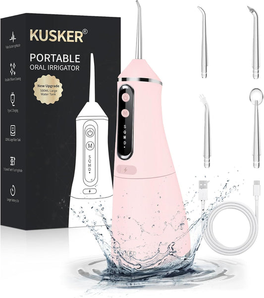 Water Dental Flosser Cordless,  500ML Portable Oral Irrigator for Teeth, 5 Modes and 4 Jet Tips, IPX7 Waterproof, Rechargeable for 30-Days Use, Home, Travel, Braces(Warm Pink)