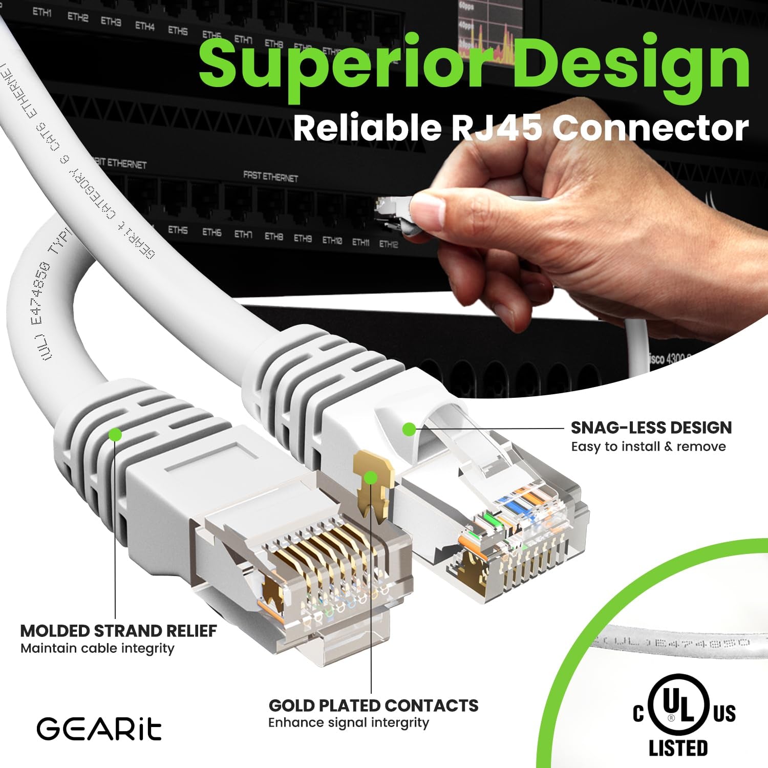 Cat 6 Ethernet Cable (24-Pack 7 Feet) Cat6 Network Patch, 10Gbps, RJ45, Snagless Cord, Gold-Plated Connectors, Internet for PC, TV, Tablet, Router, Printer, Servers, IT Data Center - White