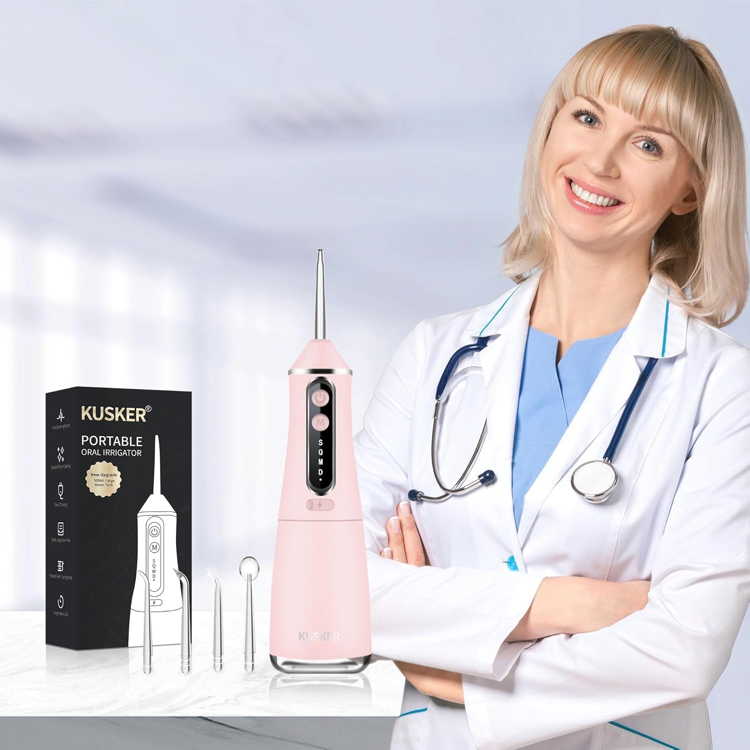 Water Dental Flosser Cordless,  500ML Portable Oral Irrigator for Teeth, 5 Modes and 4 Jet Tips, IPX7 Waterproof, Rechargeable for 30-Days Use, Home, Travel, Braces(Warm Pink)