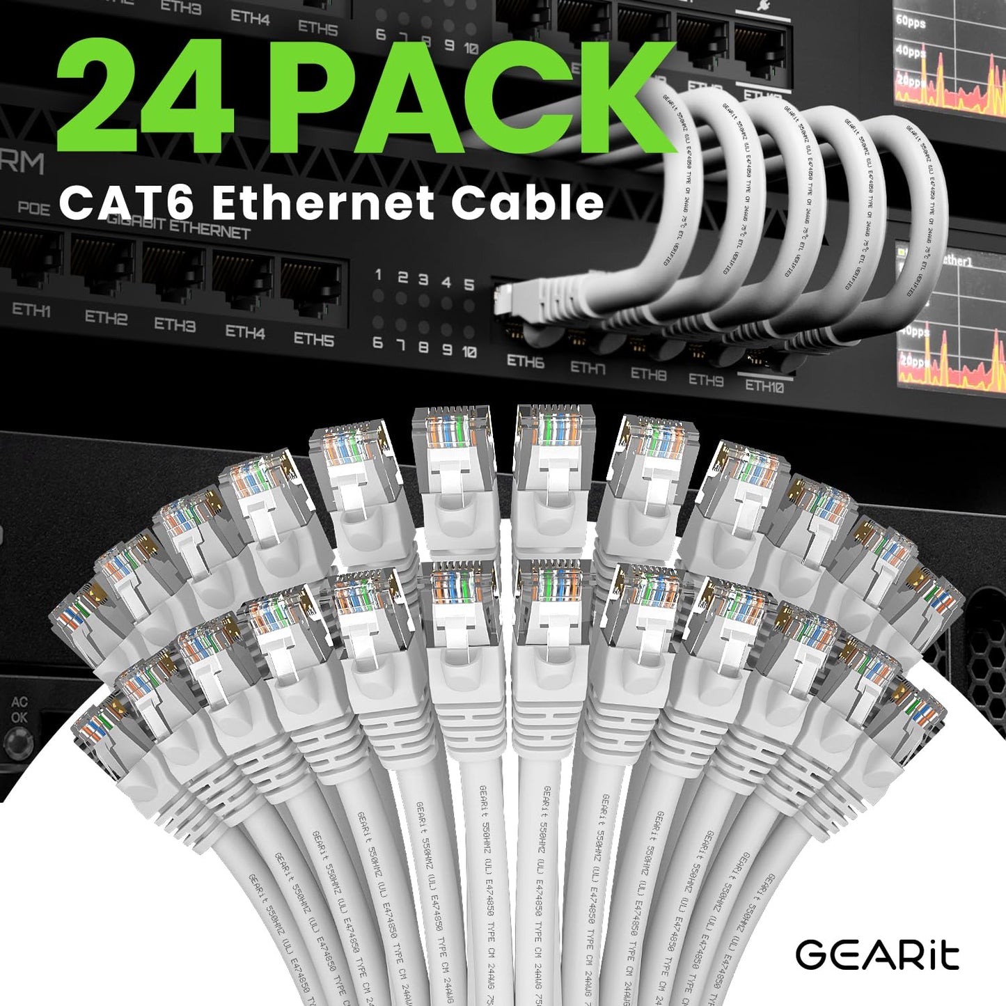 Cat 6 Ethernet Cable (24-Pack 7 Feet) Cat6 Network Patch, 10Gbps, RJ45, Snagless Cord, Gold-Plated Connectors, Internet for PC, TV, Tablet, Router, Printer, Servers, IT Data Center - White