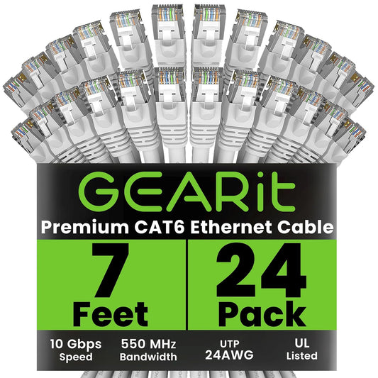 Cat 6 Ethernet Cable (24-Pack 7 Feet) Cat6 Network Patch, 10Gbps, RJ45, Snagless Cord, Gold-Plated Connectors, Internet for PC, TV, Tablet, Router, Printer, Servers, IT Data Center - White