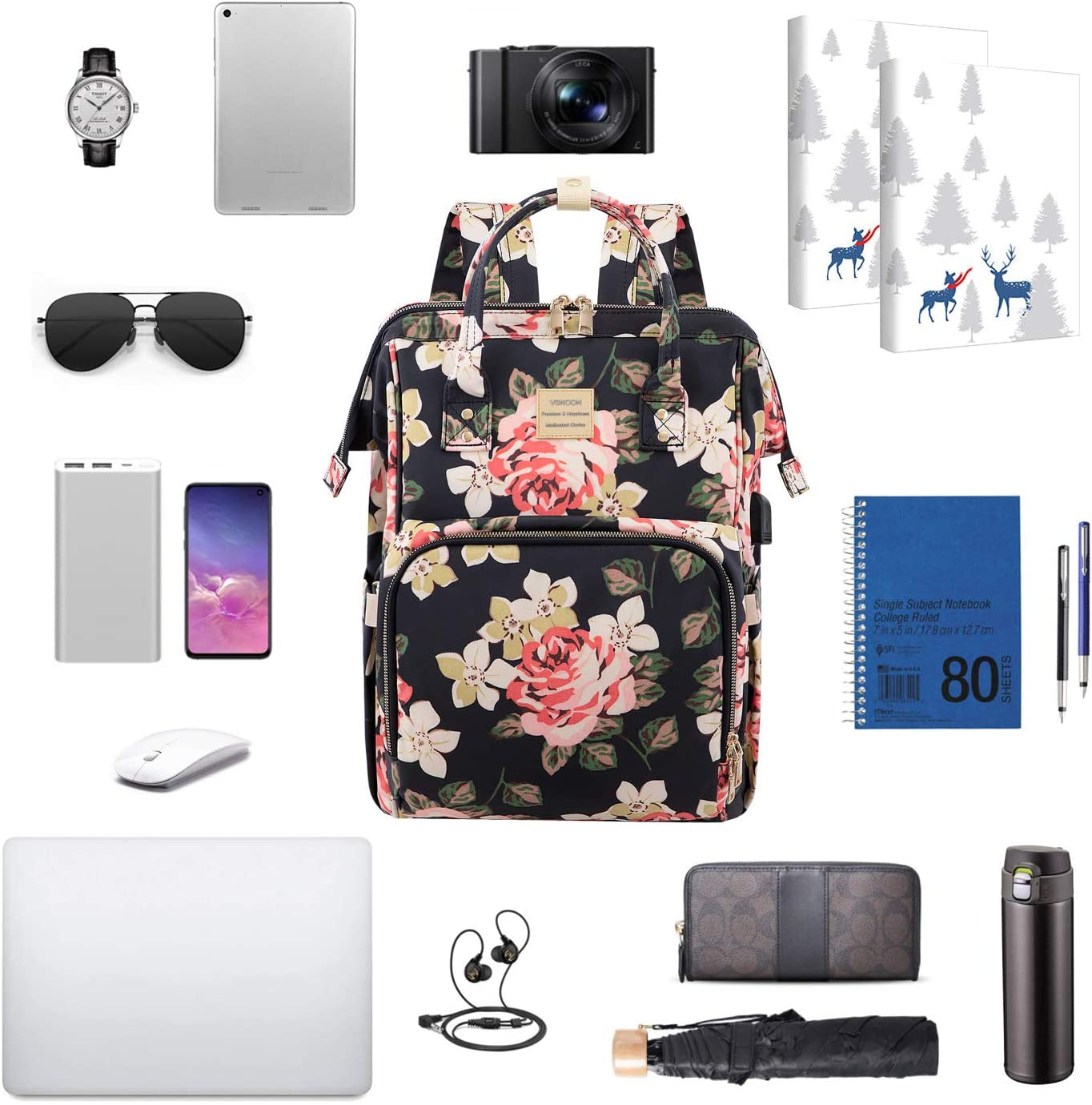 Laptop Backpack for Women,15.6 Inch Stylish College School Backpack with USB Charging Port,Water Resistant Casual Daypack Laptop Backpack for Girls/Nurse/Teacher/Travel (Flower Pattern)