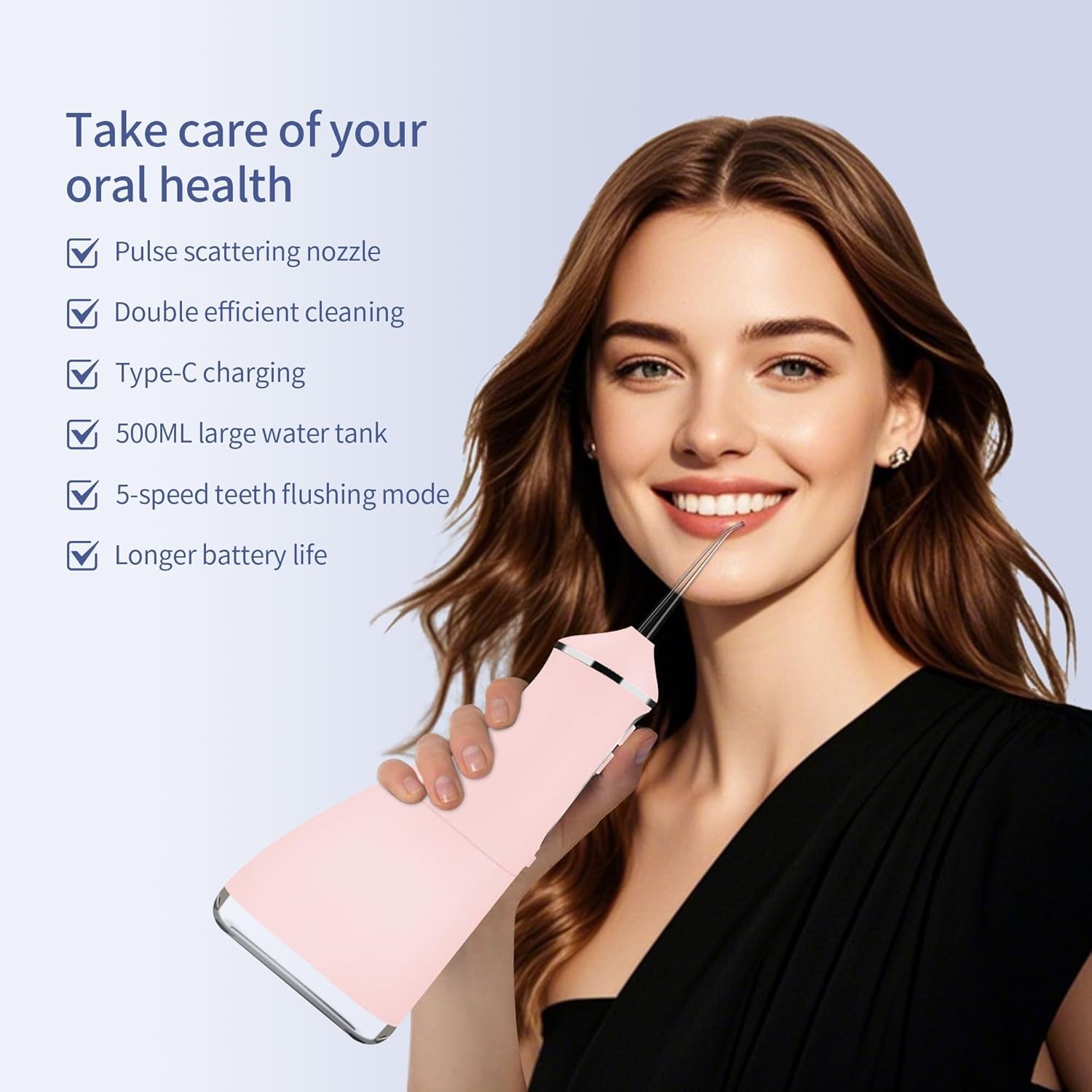 Water Dental Flosser Cordless,  500ML Portable Oral Irrigator for Teeth, 5 Modes and 4 Jet Tips, IPX7 Waterproof, Rechargeable for 30-Days Use, Home, Travel, Braces(Warm Pink)